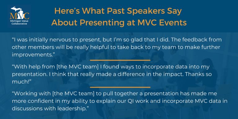Graphic containing three quotes of presenter testimonials, including: "I was initially nervous to present, but I'm so glad that I did. The feedback from other members will be really helpful to take bake to my team to make further improvements."