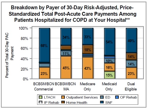 Bar graph of breakdown by payor of 30-day risk adjusted, price standardized, total post-acute care payments among patients hospitalized for COPD at a hospital