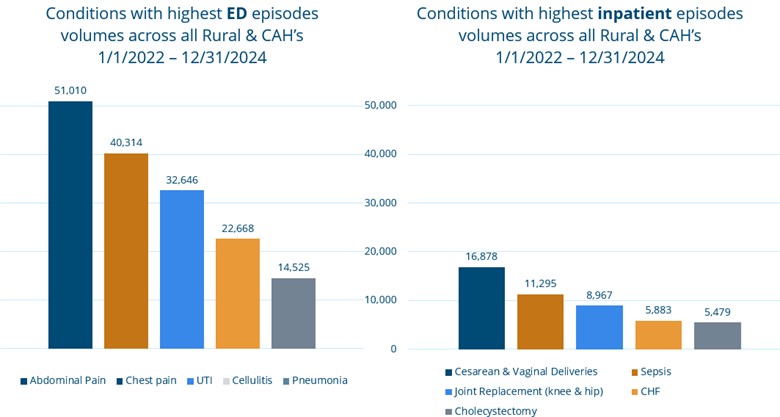 Figure 2. Conditions with the highest ED and inpatient episode volumes vertical bar graphs of conditions with the highest ED and inpatient episode volumes