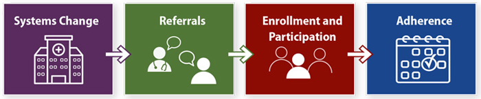 Flowchart illustrating four stages of a process: Systems Change, Referrals, Enrollment and Participation, and Adherence. 