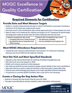 A screenshot of a certification guideline document titled "MOQC Excellence in Quality Certification," outlining required elements for certification in oncology quality. 