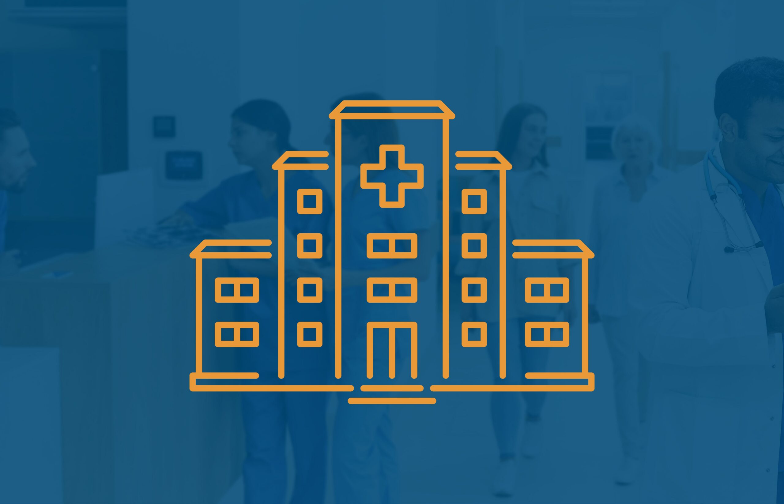 Orange icon of large hospital on blue background with photo of busy medical center lobby 
