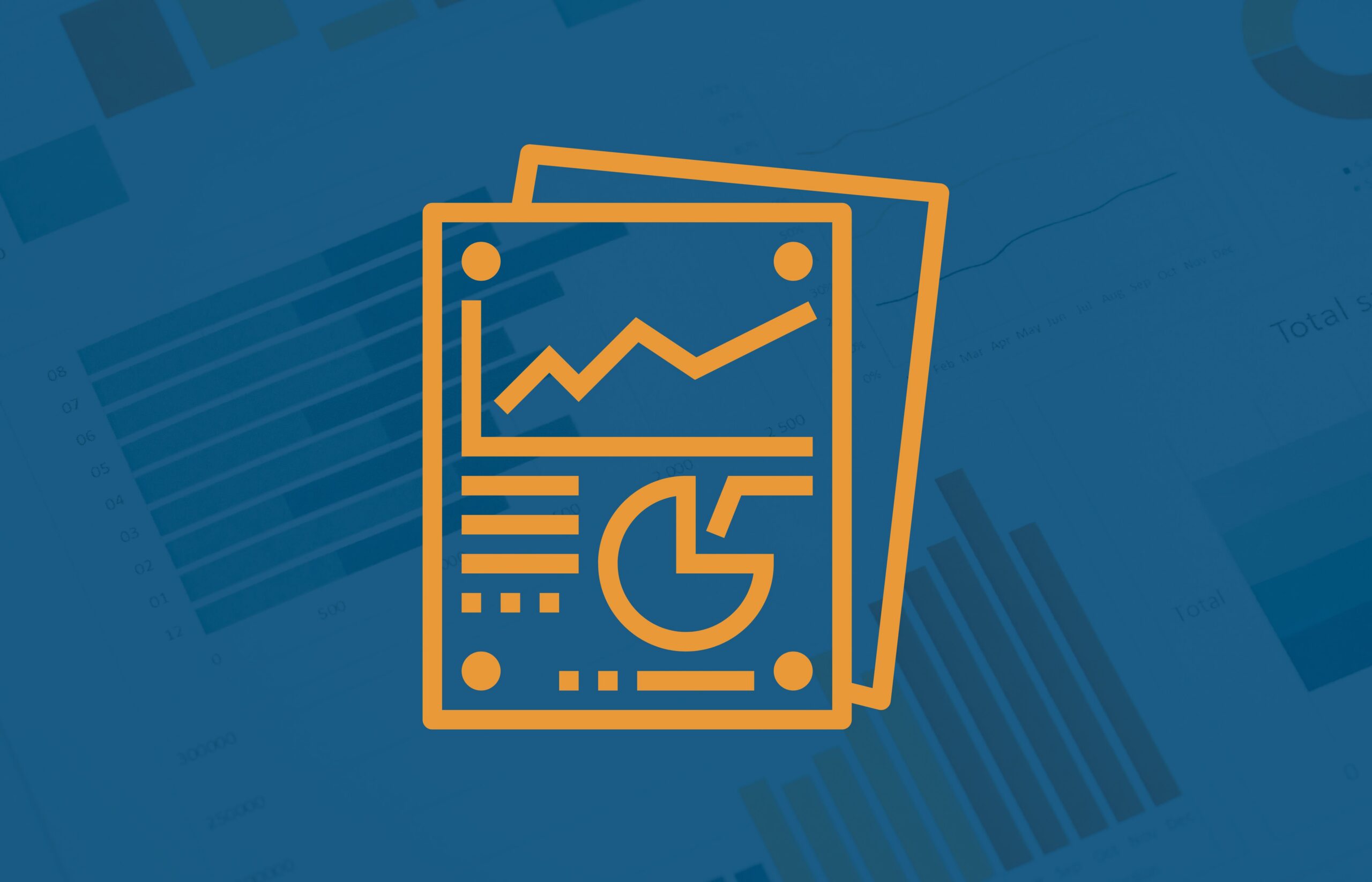 Orange reports icon on blue with paper reports in the background
