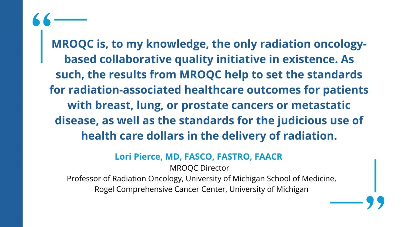 Graphic quote from Lori Pierce, MD, highlighting MROQC as a unique radiation oncology-based collaborative quality initiative. The text emphasizes MROQC's role in setting standards for radiation-associated healthcare outcomes and efficient use of healthcare dollars in treating breast, lung, prostate cancers, and metastatic disease.