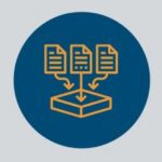 Orange icon of three documents feeding into a central processing unit, represented by arrows pointing down on a dark blue background