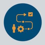 An orange icon representing a process with a person, a gear, and a checklist on a dark blue background