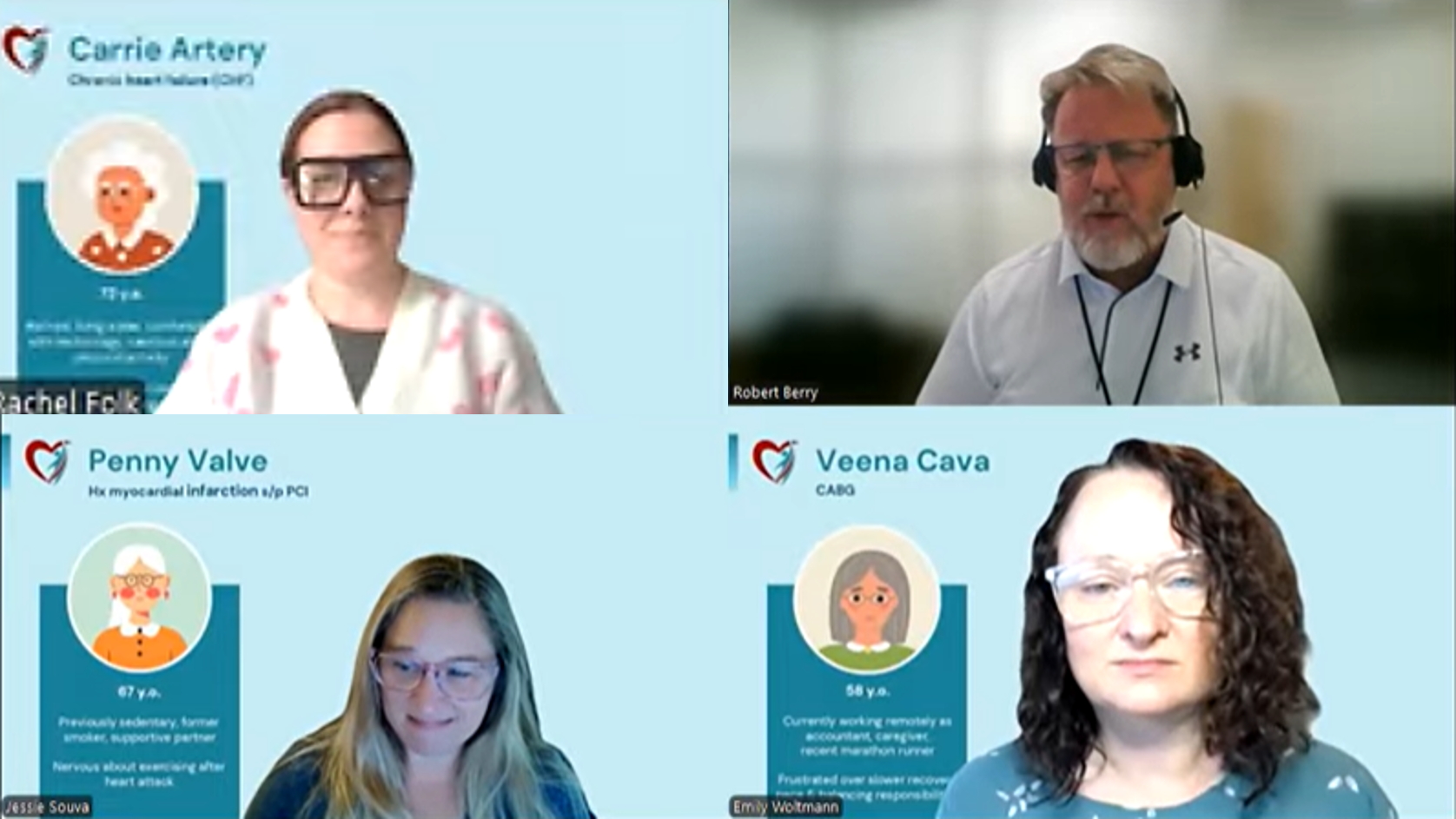 Screen capture showing what a virtual cardiac rehabilitation group session looks like. Shows three female participants and one clinical professional.