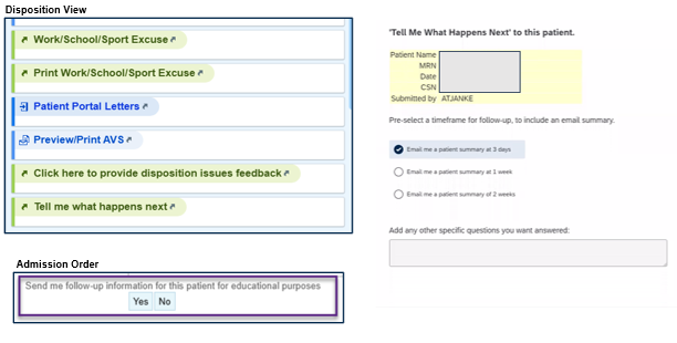 Screenshot of a medical software interface showing a disposition view with color-coded task categories and a follow-up order section. Tasks include work/school/sport excuses and patient portal letters in green and blue boxes, with a follow-up question form on the right allowing email summary timing selection and additional patient questions.