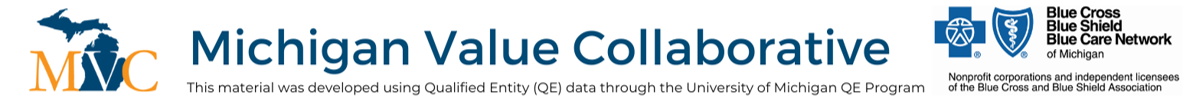 A logo and banner design featuring logos for the Michigan Value Collaborative and Blue Cross Blue Shield of Michigan/Blue Care Network. MVC logo design uses blue, orange, and white colors, and BCBSM/BCN design uses cross and shield medical imagery in blue and white. Banner includes a phrase reading "this material was developed using Qualified Entity (QE) data through the University of Michigan QE Program."
